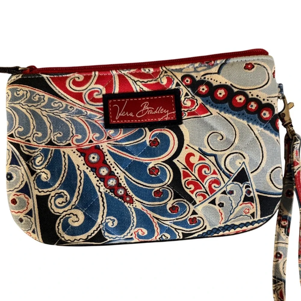 Vera Bradley Summer Cottage Paisley Quilted Cotton Wristlet Pouch Red White Blue